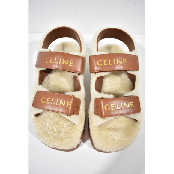 Celine Leo Scratch Sandal Shearling Fur Tan Leather Logo Strap Platform Flat 37 - Picture 7 of 12